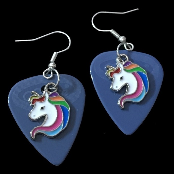 HAND Crafted Earring Repurposed Guitar Picks Unicorn Happy Pride Rainbow - Picture 1 of 6